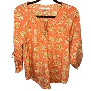 LC Lauren Conrad Peach Blouse Floral Ruffle‎ Neck Tie Front 3/4 Sleeve Womens L